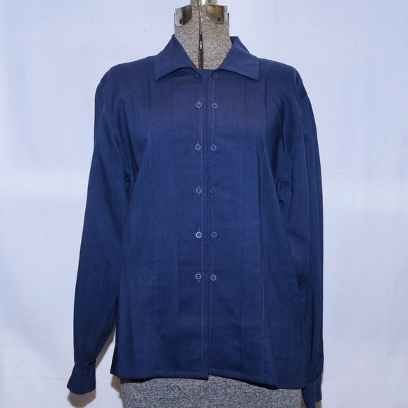 VTG 80's Jaeger Navy Blue Fine Lightweight Wool Blouse Double Front Buttons M/L - Picture 2 of 13